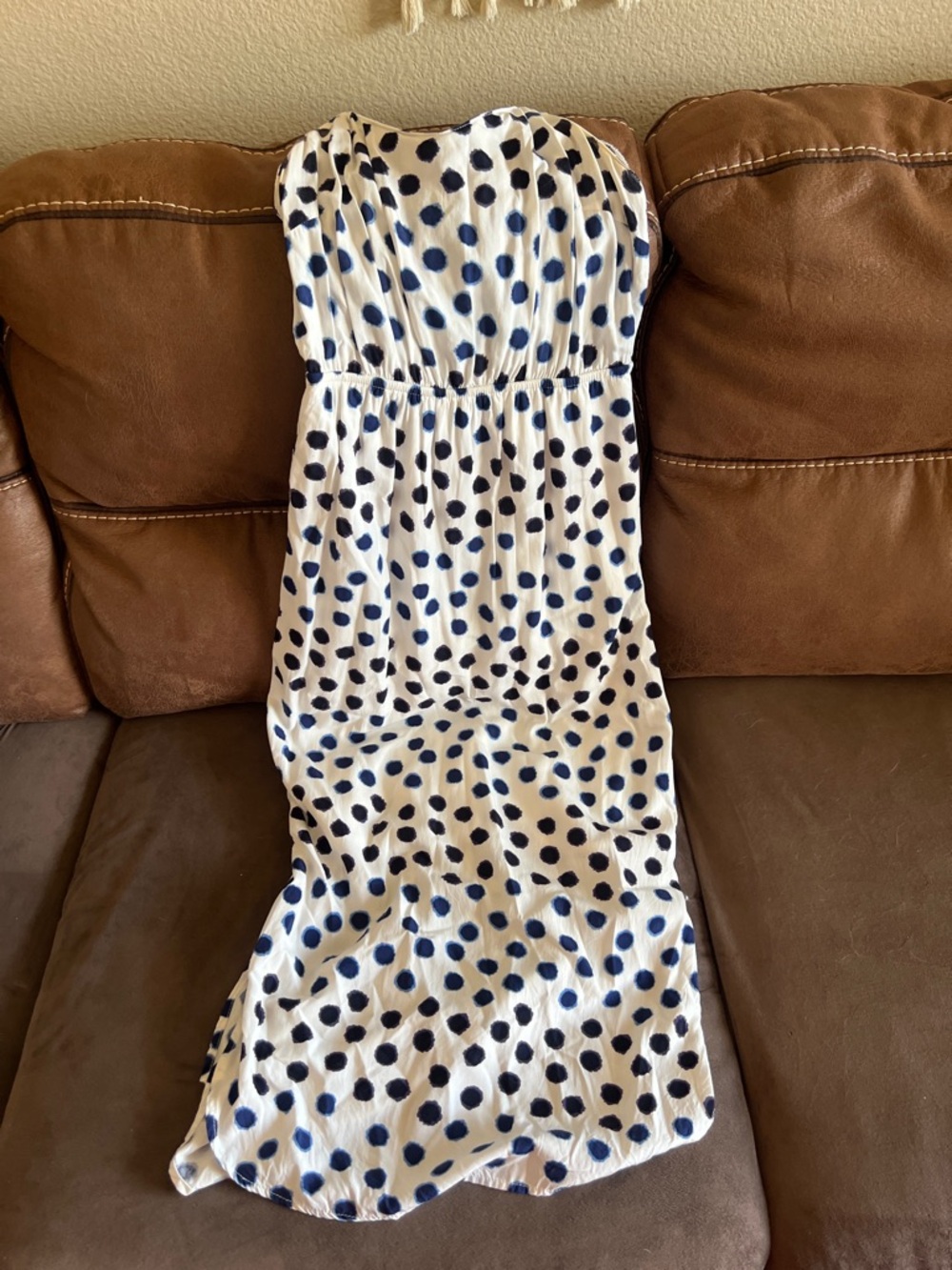 Old Navy White Strapless Maxi Dress with Navy Polka Dots